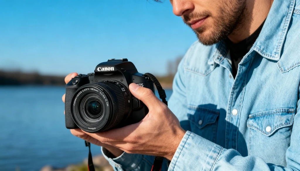 Cámara réflex Canon en uso, ejemplo de cámara digital para principiantes en fotografía